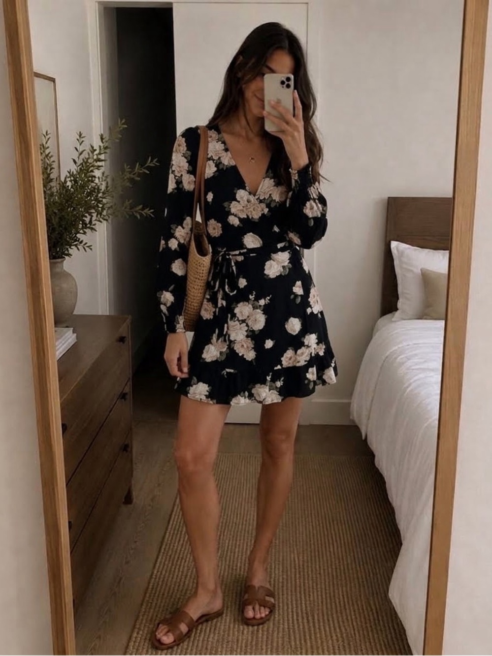 NWT Abercrombie & Fitch Black Floral Wrap Long-Sleeve Mini Dress S